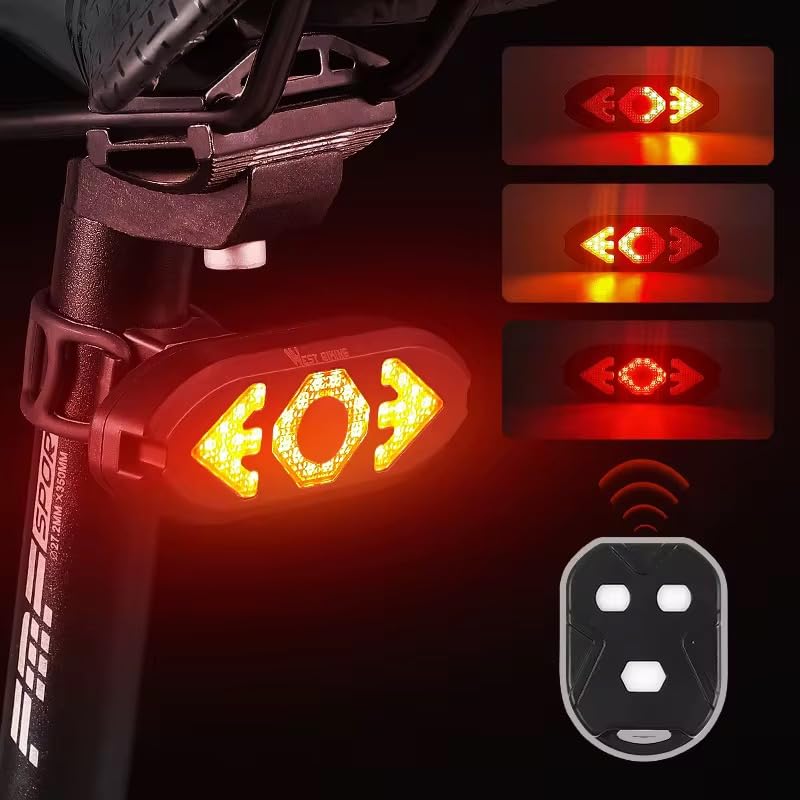 LED Bike Turn Signal Light with Wireless Remote Control, IPX4 Waterproof, USB Rechargeable 650mA Battery, Red and Yellow Indicators for Night Cycling Safety