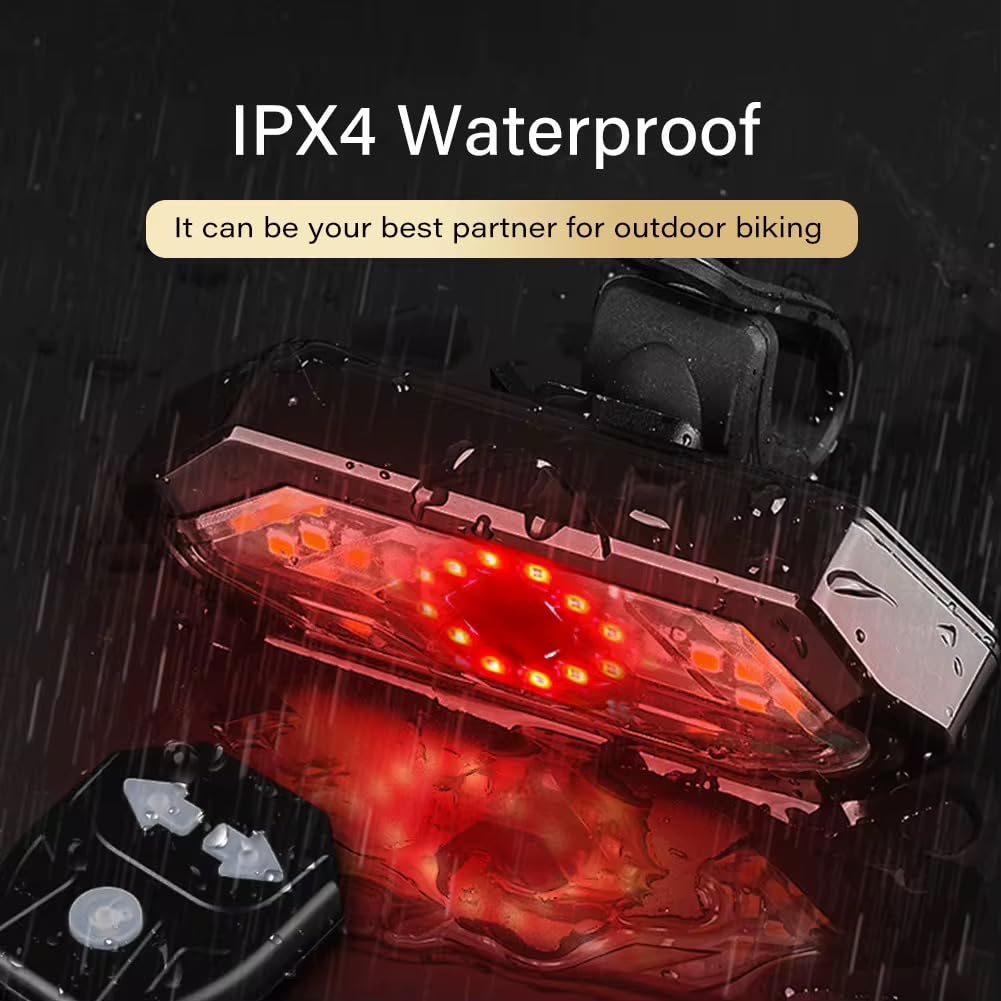 LED Bike Turn Signal Light with Wireless Remote Control, IPX4 Waterproof, USB Rechargeable 650mA Battery, Red and Yellow Indicators for Night Cycling Safety