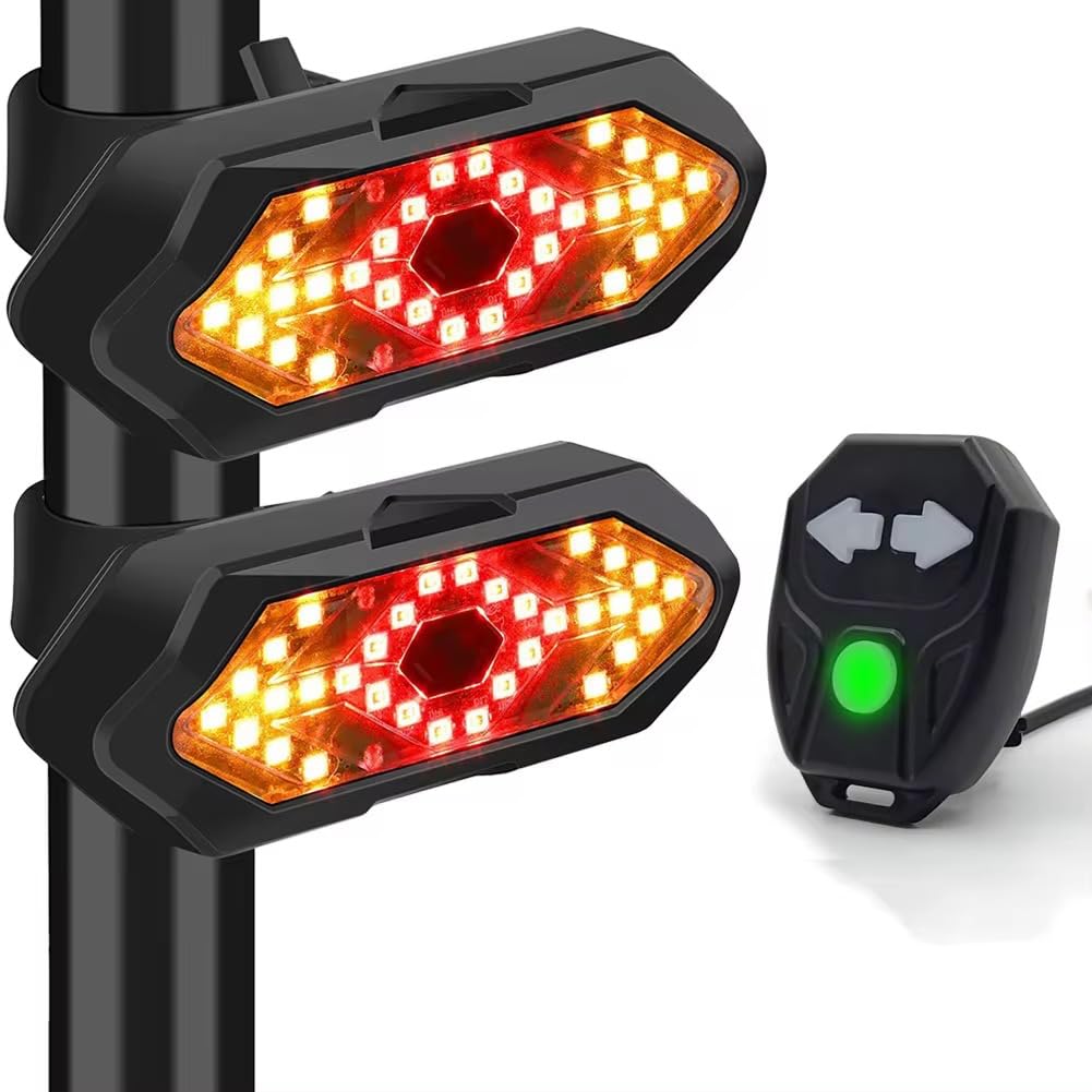 LED Bike Turn Signal Light with Wireless Remote Control, IPX4 Waterproof, USB Rechargeable 650mA Battery, Red and Yellow Indicators for Night Cycling Safety